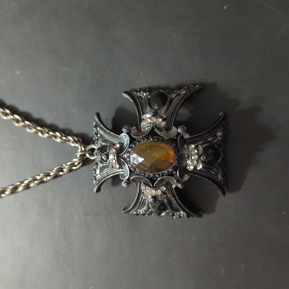 Gunmetal Black Stylized Domed Cross Rhinestone Pendant Statement Necklace